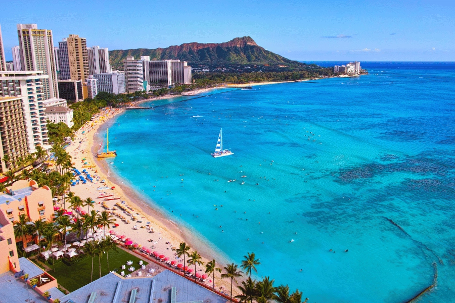 beautiful bright blue water and resorts along the beach on Waikiki Beach in Hawaii